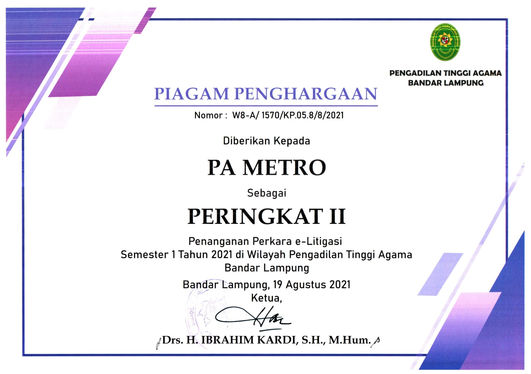 Peringkat II Penganan Perkara e-Litigasi Smt I 2021 di Wilayah PTA Bandar Lampung